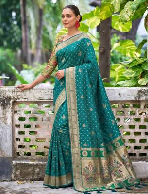 teal green banarasi silk blend saree for women | festive & wedding traditional party ethnic wear 3