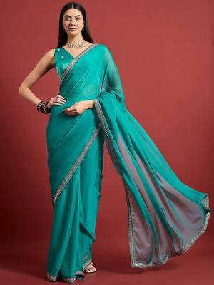 Turquoise mirror work  chiffon saree 1