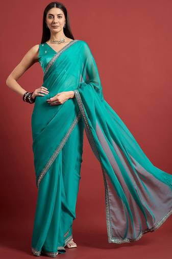 Turquoise mirror work  chiffon saree