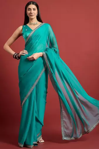 Turquoise mirror work  chiffon saree