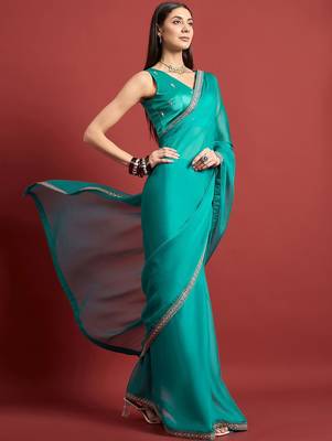 Turquoise mirror work  chiffon saree 2