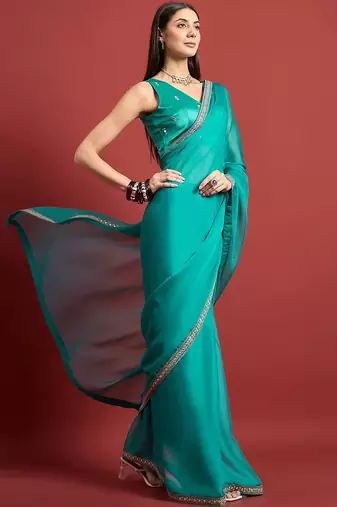 Turquoise mirror work  chiffon saree