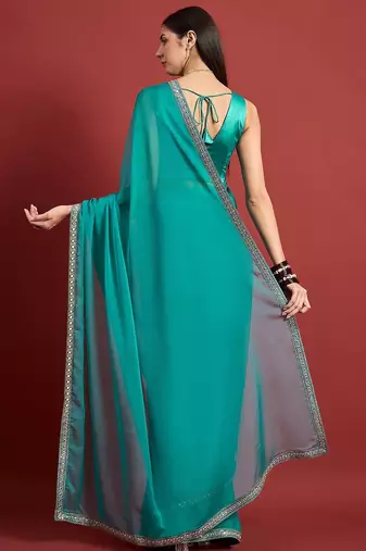 Turquoise mirror work  chiffon saree