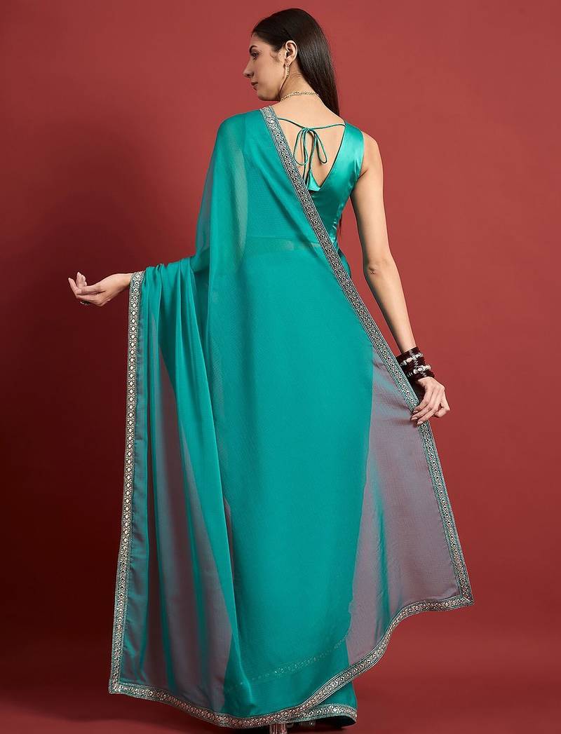 Turquoise mirror work  chiffon saree