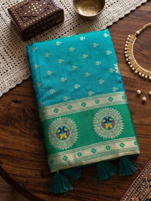 teal green banarasi silk blend saree for women | festive & wedding traditional party ethnic wear 4
