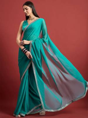 Turquoise mirror work  chiffon saree 4