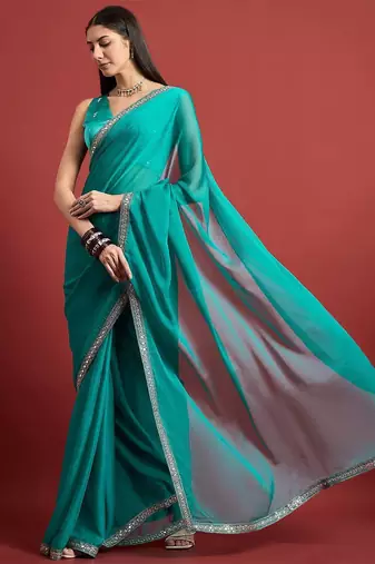 Turquoise mirror work  chiffon saree