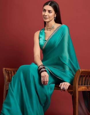 Turquoise mirror work  chiffon saree 5