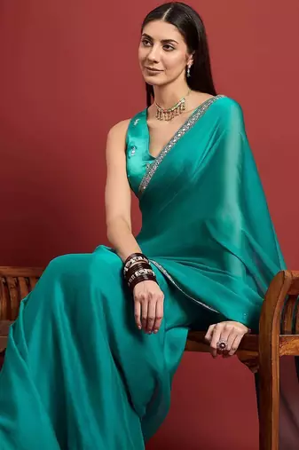 Turquoise mirror work  chiffon saree
