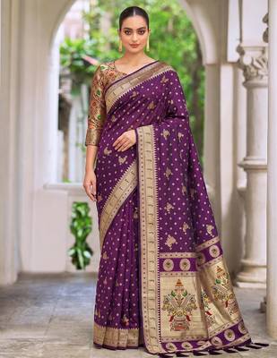 purple banarasi silk blend saree for women | festive & wedding traditional party ethnic wear 1