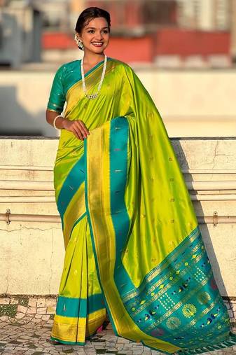 Green woven design zari silk blend paithani saree