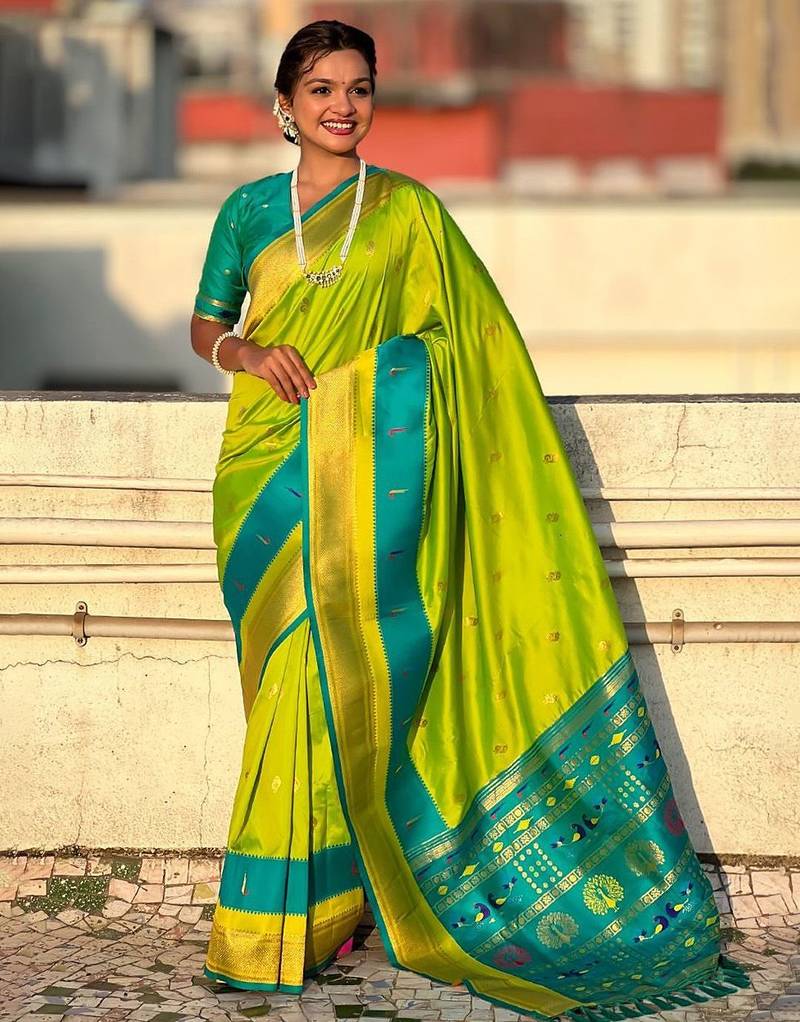 Green woven design zari silk blend paithani saree