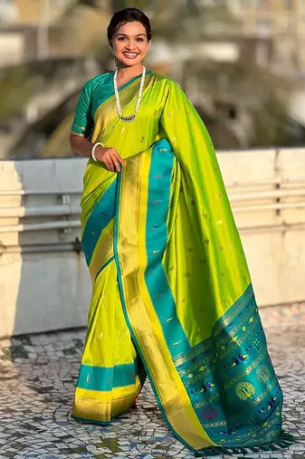 Green woven design zari silk blend paithani saree