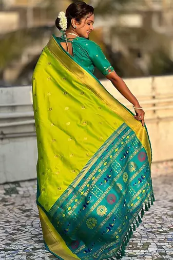 Green woven design zari silk blend paithani saree