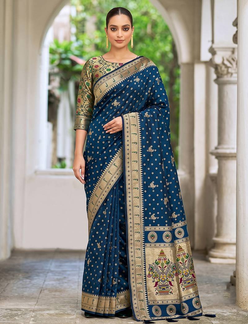 navy blue banarasi silk blend saree for women | festive & wedding traditional party ethnic wear