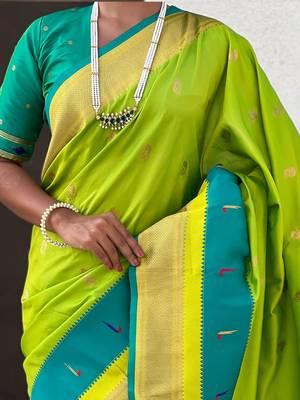 Green woven design zari silk blend paithani saree 5