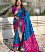 Blue woven design zari silk blend paithani saree