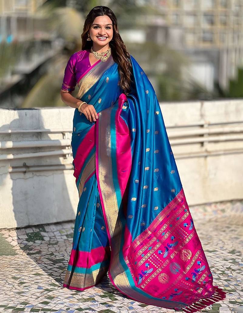 Blue woven design zari silk blend paithani saree