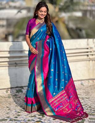 Blue woven design zari silk blend paithani saree 2