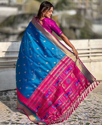 Blue woven design zari silk blend paithani saree 3