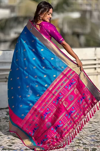 Blue woven design zari silk blend paithani saree