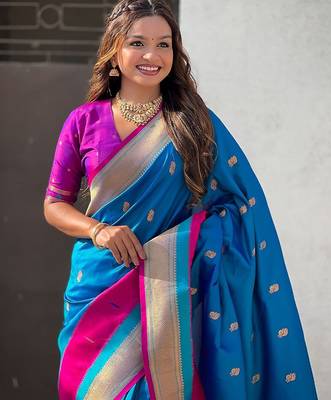 Blue woven design zari silk blend paithani saree 4