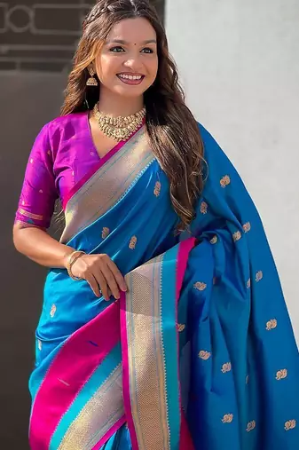 Blue woven design zari silk blend paithani saree