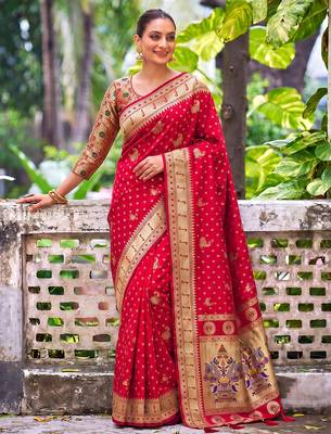 red banarasi silk blend saree for women | festive & wedding traditional party ethnic wear 1