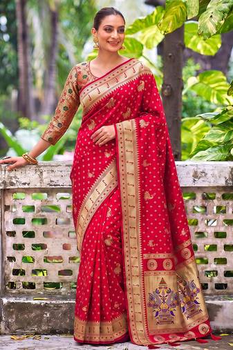 red banarasi silk blend saree for women | festive & wedding traditional party ethnic wear