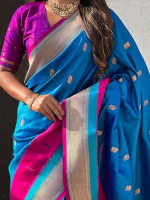 Blue woven design zari silk blend paithani saree 5