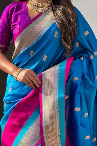 Blue woven design zari silk blend paithani saree