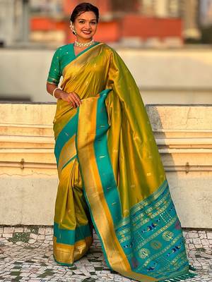 Olive woven design zari paithani saree 1