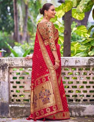 red banarasi silk blend saree for women | festive & wedding traditional party ethnic wear 3