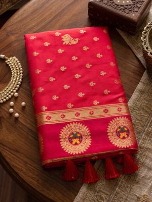 red banarasi silk blend saree for women | festive & wedding traditional party ethnic wear 4