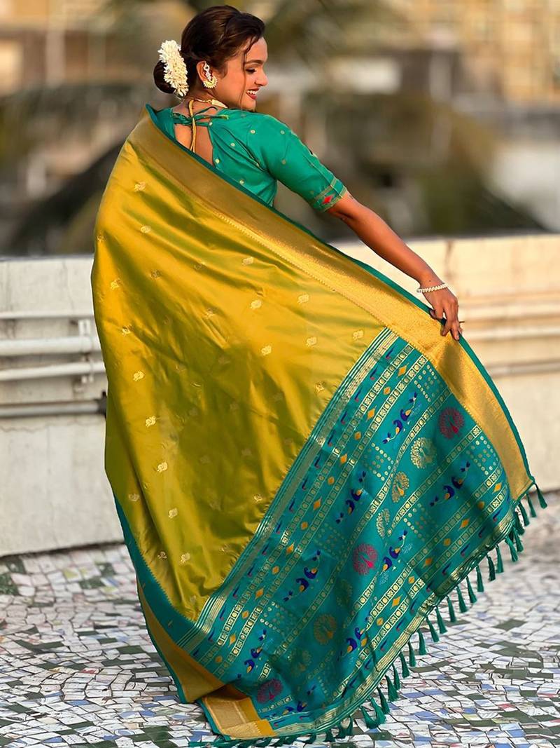 Olive woven design zari paithani saree