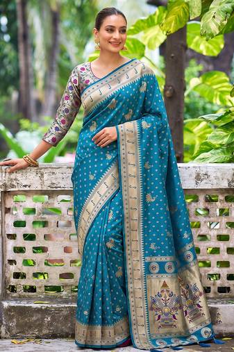 peacock blue banarasi silk blend saree for women | festive & wedding traditional party ethnic wear