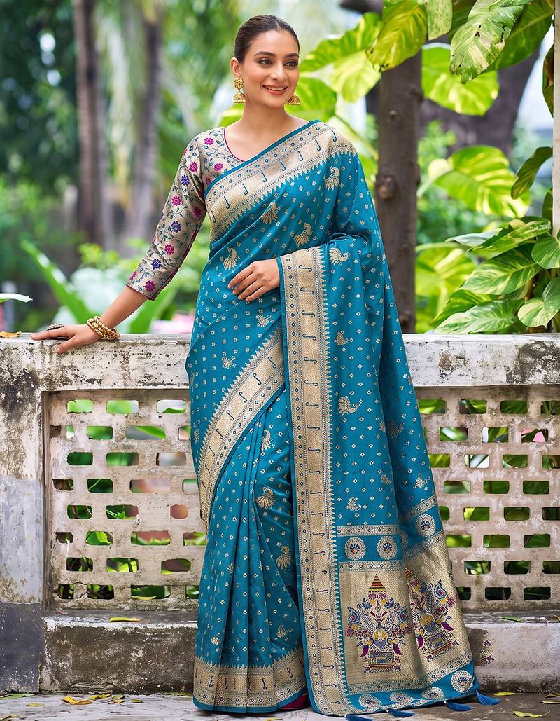 peacock blue banarasi silk blend saree for women | festive & wedding traditional party ethnic wear