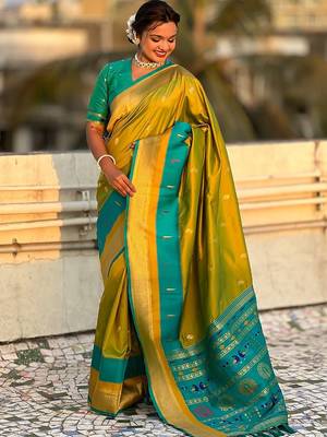 Olive woven design zari paithani saree 3