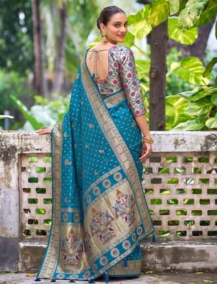 peacock blue banarasi silk blend saree for women | festive & wedding traditional party ethnic wear 2