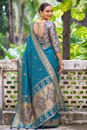peacock blue banarasi silk blend saree for women | festive & wedding traditional party ethnic wear