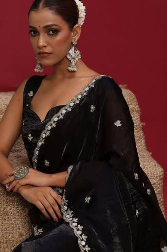 Black embellished embroidered satin saree with blouse