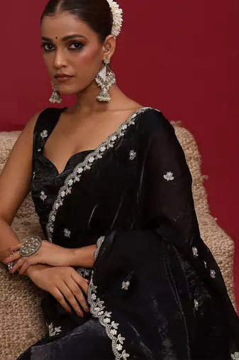 Black embellished embroidered satin saree with blouse