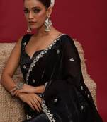 Black embellished embroidered satin saree with blouse