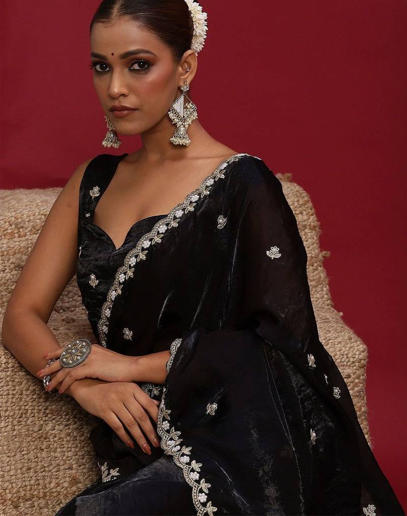 Black embellished embroidered satin saree with blouse