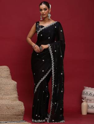 Black embellished embroidered satin saree with blouse 2