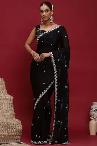 Black embellished embroidered satin saree with blouse