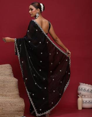 Black embellished embroidered satin saree with blouse 3