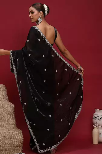 Black embellished embroidered satin saree with blouse