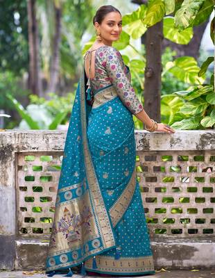 peacock blue banarasi silk blend saree for women | festive & wedding traditional party ethnic wear 3