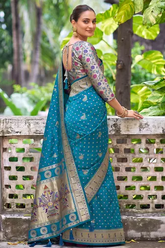 peacock blue banarasi silk blend saree for women | festive & wedding traditional party ethnic wear